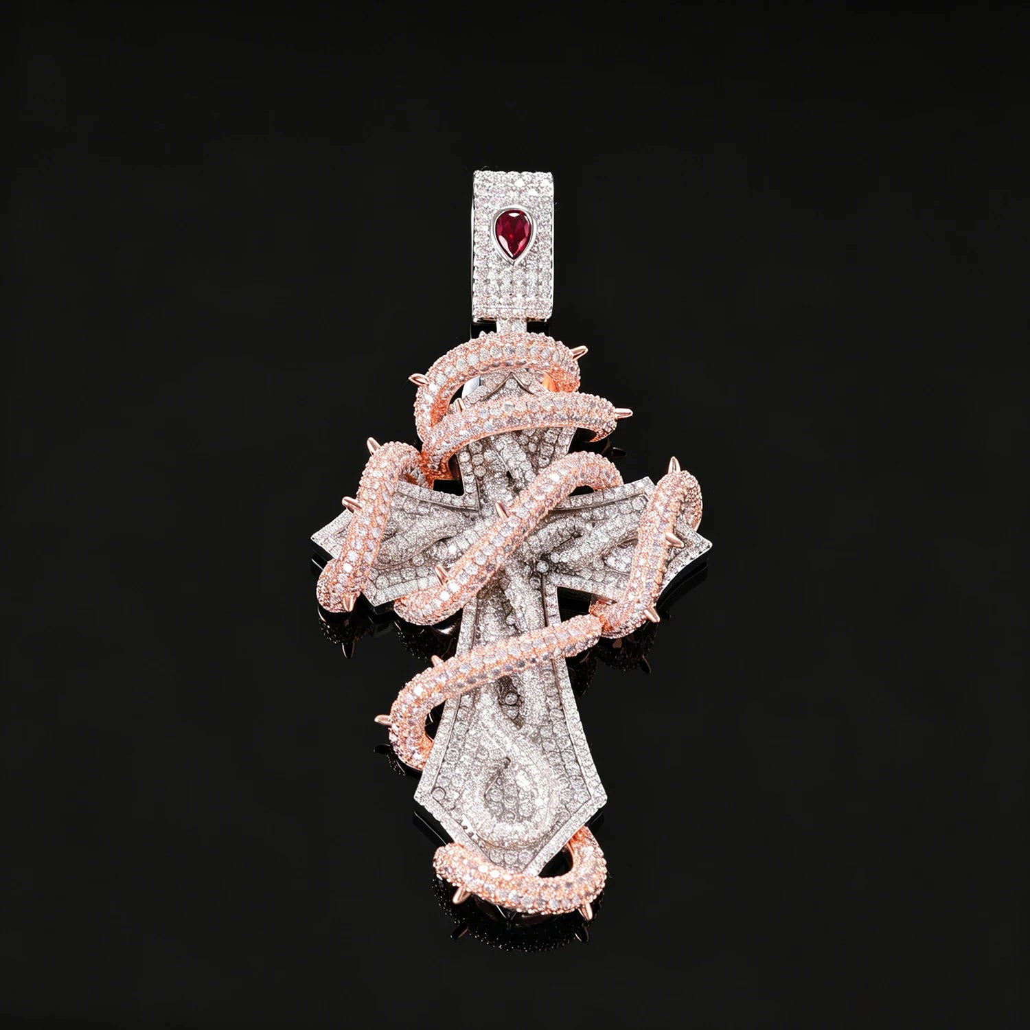 Iced Out Snake Cross Pendant Two Tone - CZ