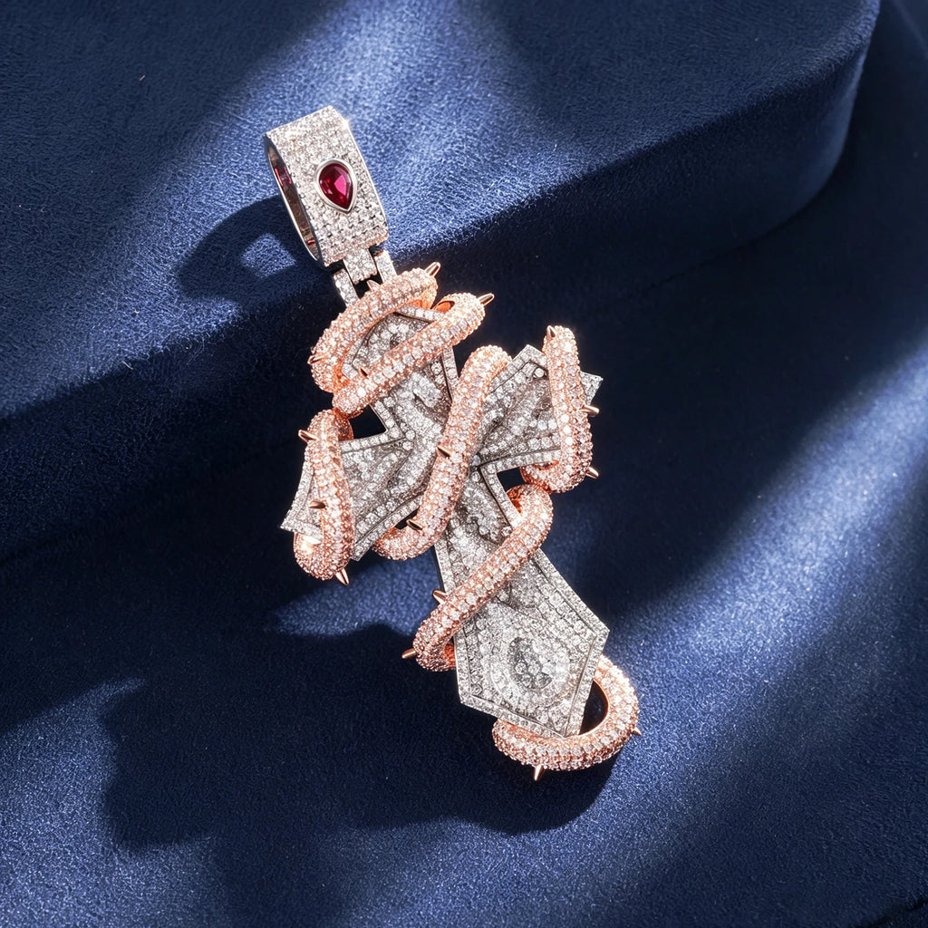 Iced Out Snake Cross Pendant Two Tone - CZ